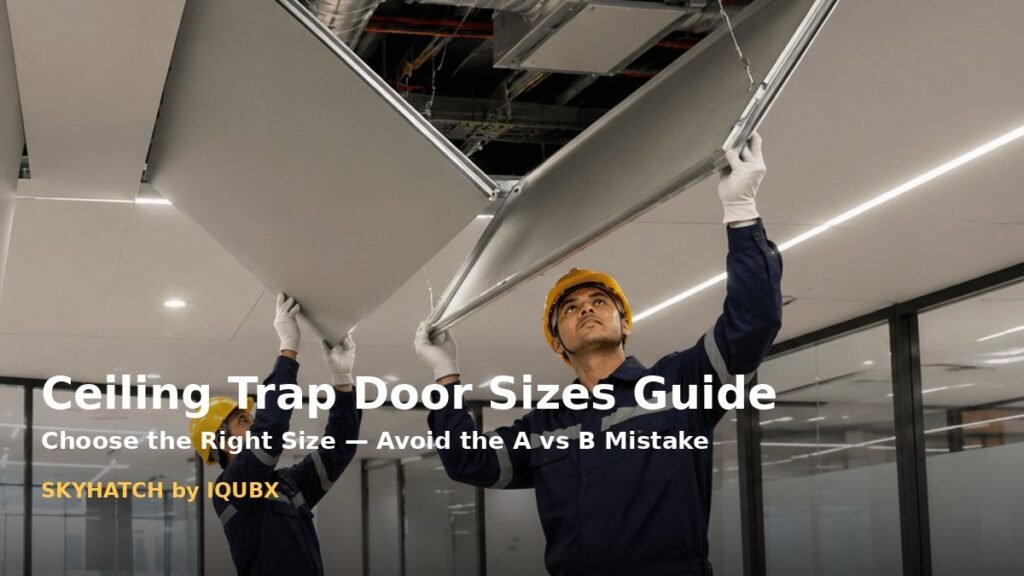 Ceiling trap door sizes guide — large multi-shutter ceiling trap door open in a false ceiling