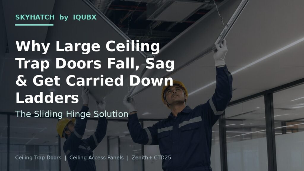 Skyhatch sliding hinge ceiling trap door with large shutter open in a false ceiling